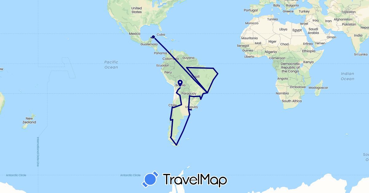 TravelMap itinerary: driving in Argentina, Bolivia, Brazil, Chile, Mexico, Paraguay, Uruguay (North America, South America)